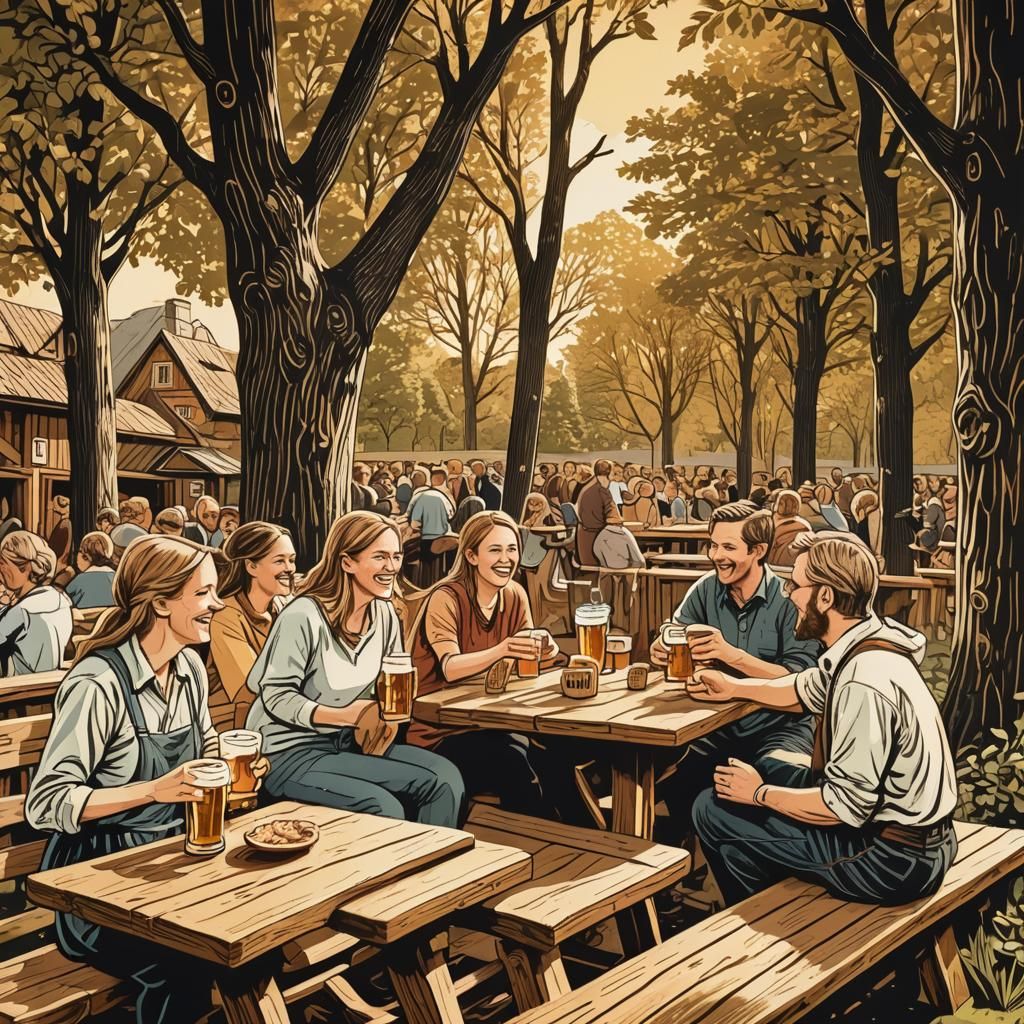 Cozy Beer Garden Scene in Woodcut Style