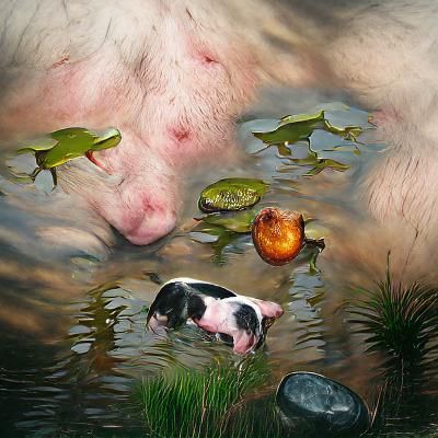 Hyperrealistic Pond Scene with Pigs and Salamanders