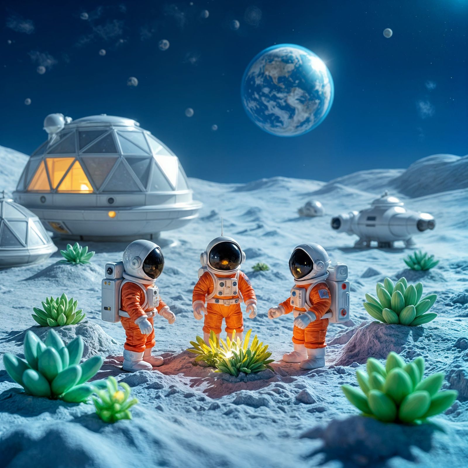 Futuristic Lunar Base with Alien Flora in Plasticine Style