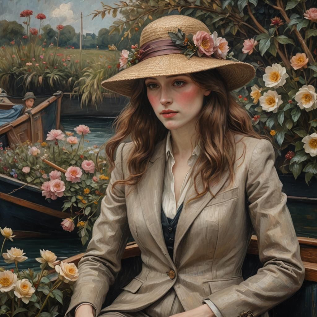 Woman sitting like a russian gangster on a boat beside a flo...