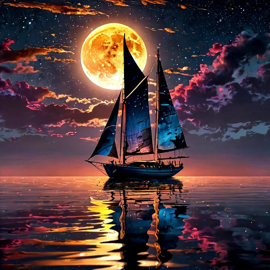 Impressionist Sailboat Silhouette Under Sparkling Deep Silve...