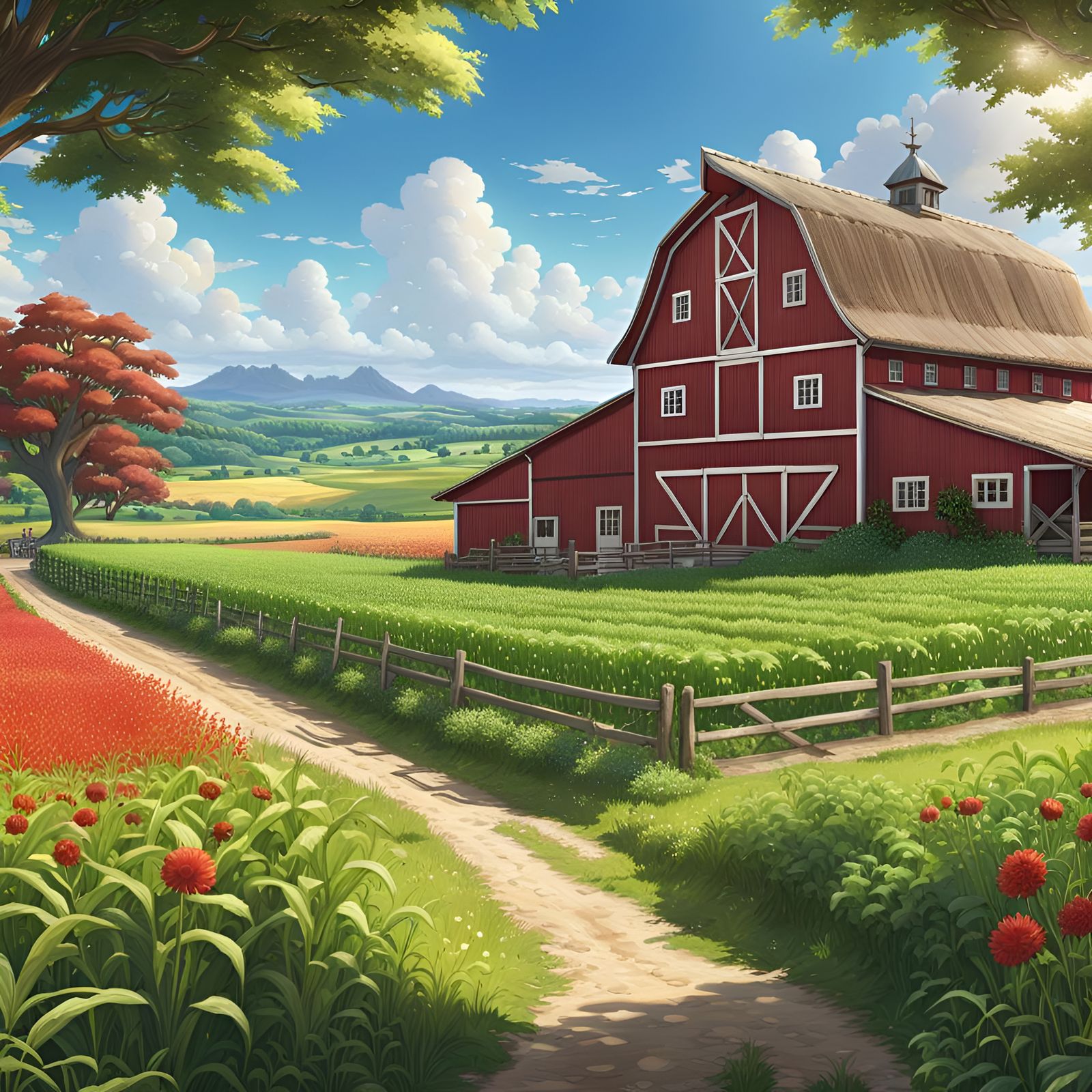 Anime Farm with Red Barn by Studio Ghibli