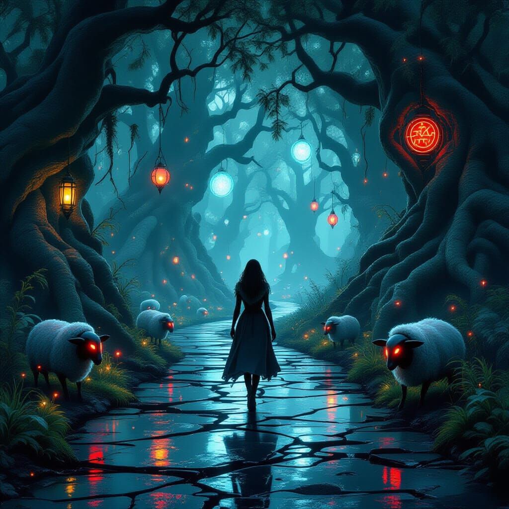 Mystical Woman in Dark Fantasy Forest