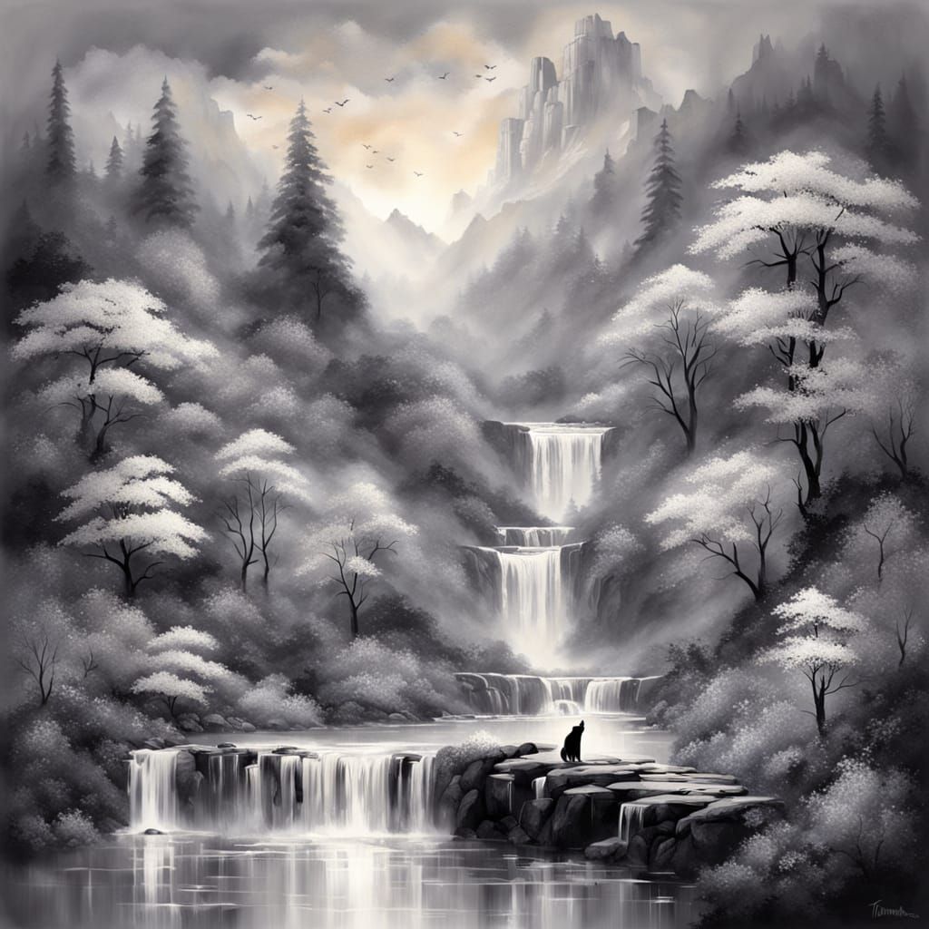 Monochromatic Double Exposure Cat with Oriental Waterfall