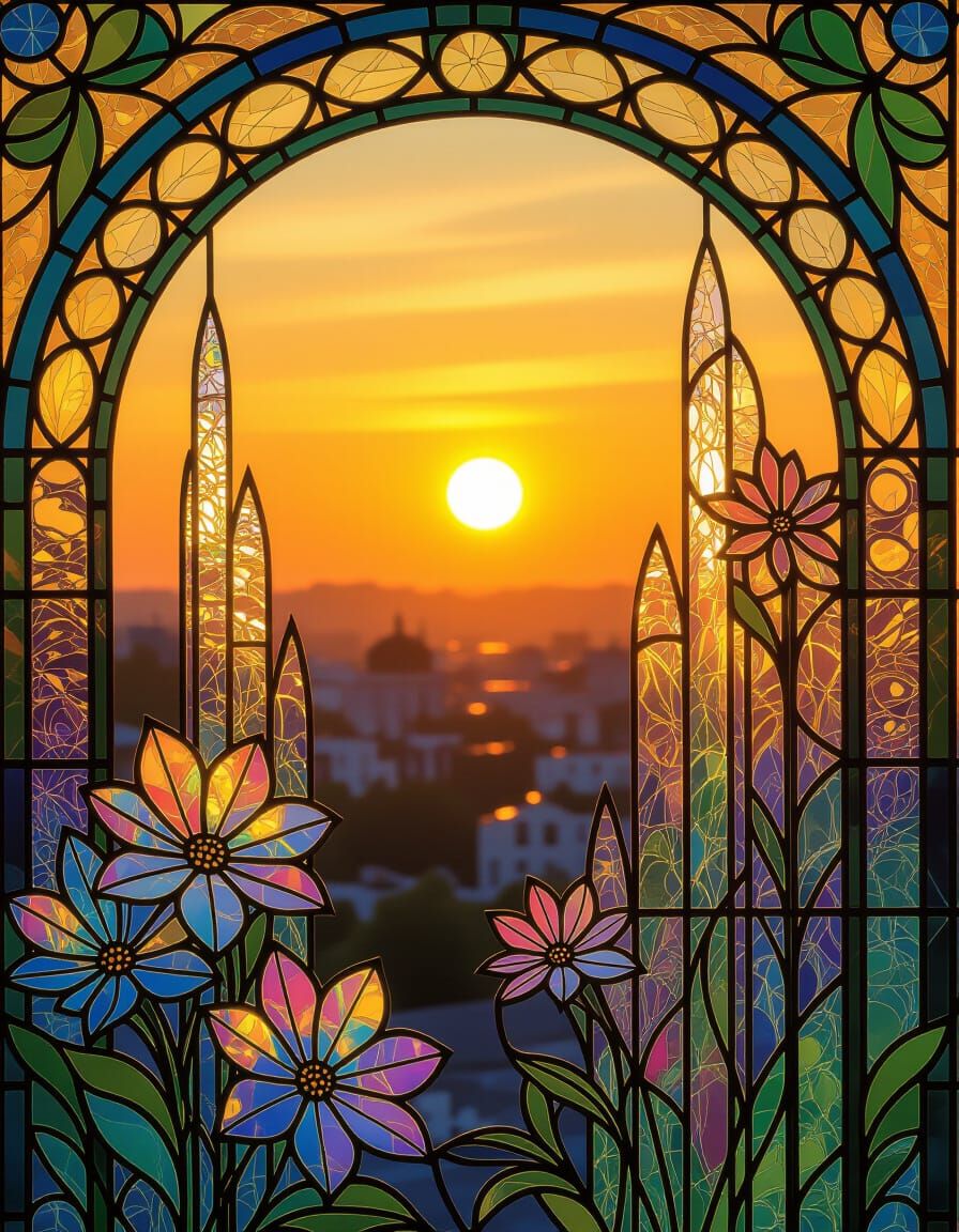 Crystallized Sunrise in Stained Glass Nouveau Style
