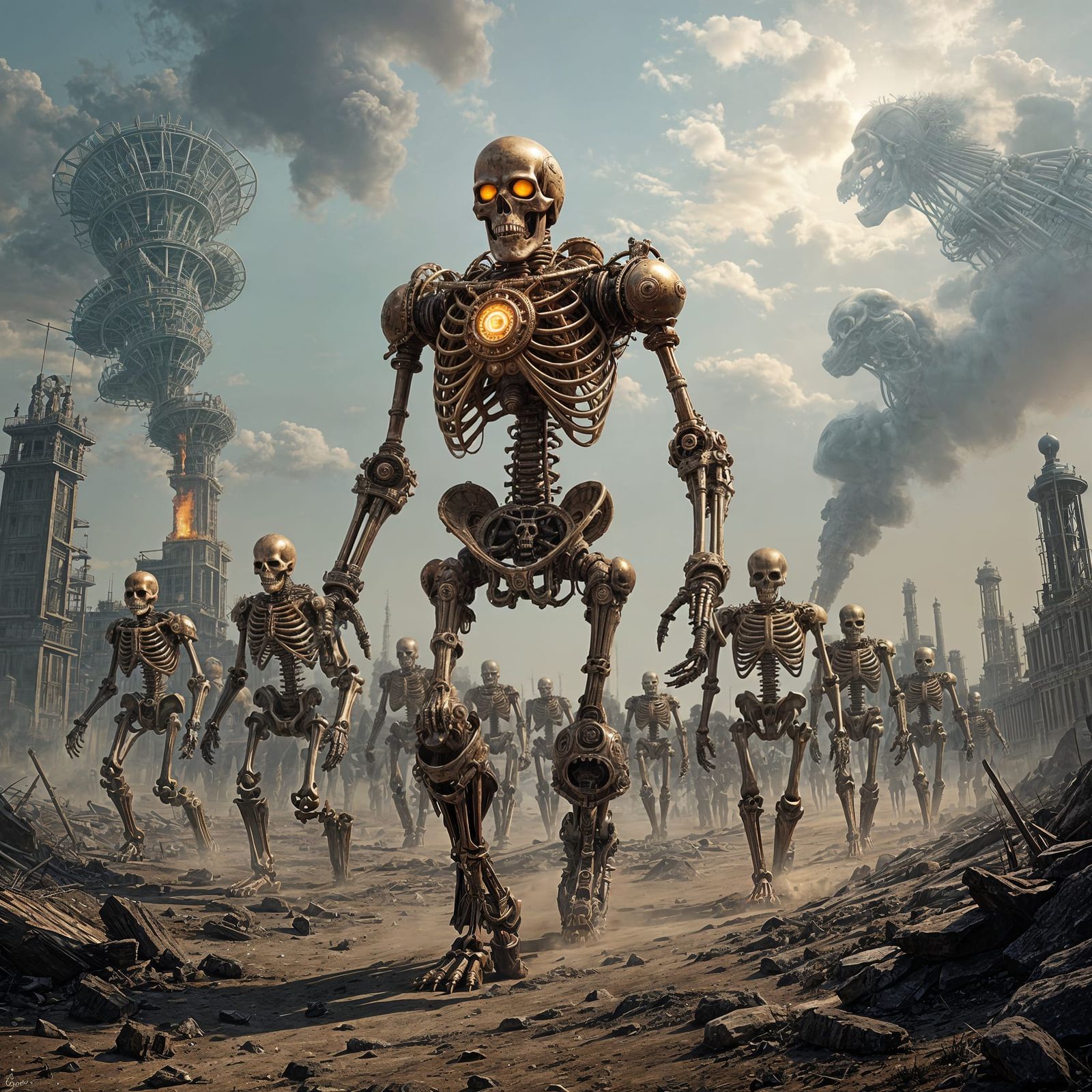 Giant Steampunk Skeleton Warrior Leads Clockwork Army