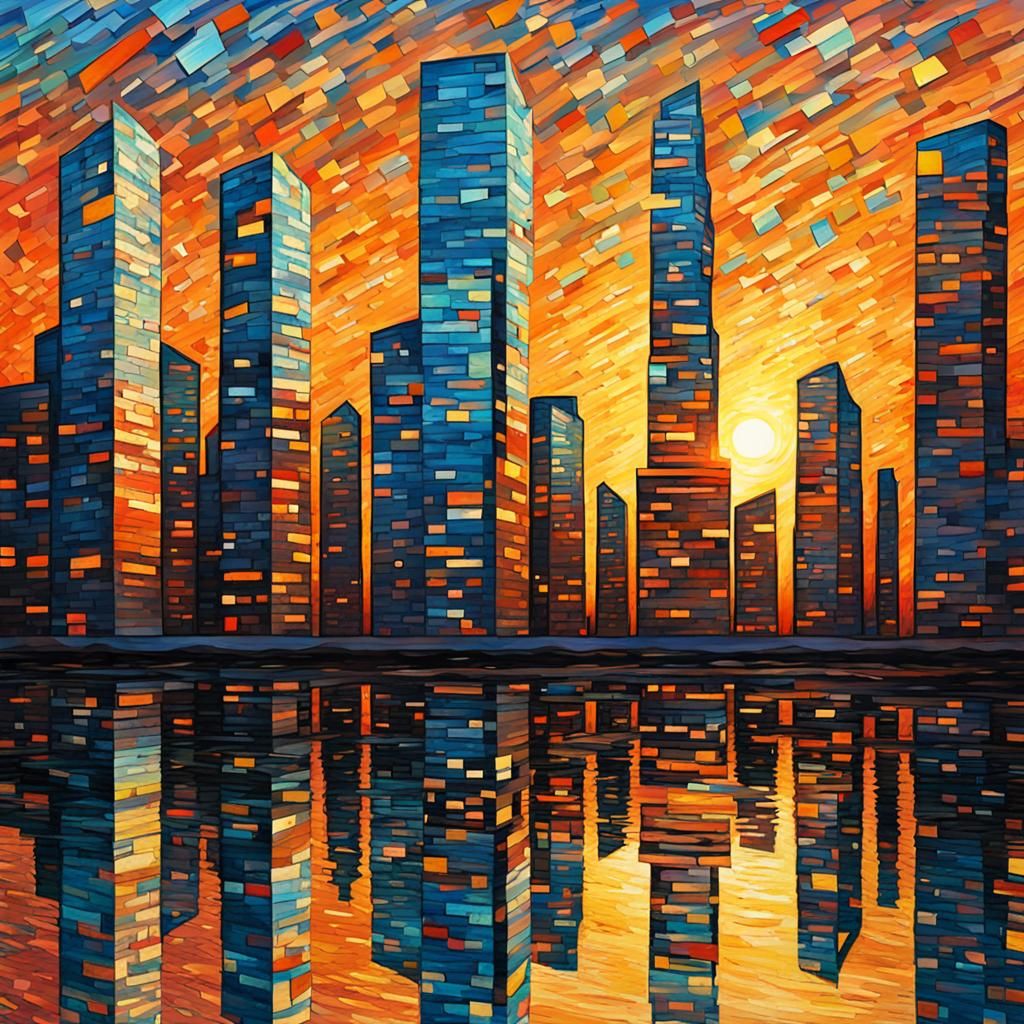 Skyscraper Sunset in Neo-Impressionistic Abstract Art