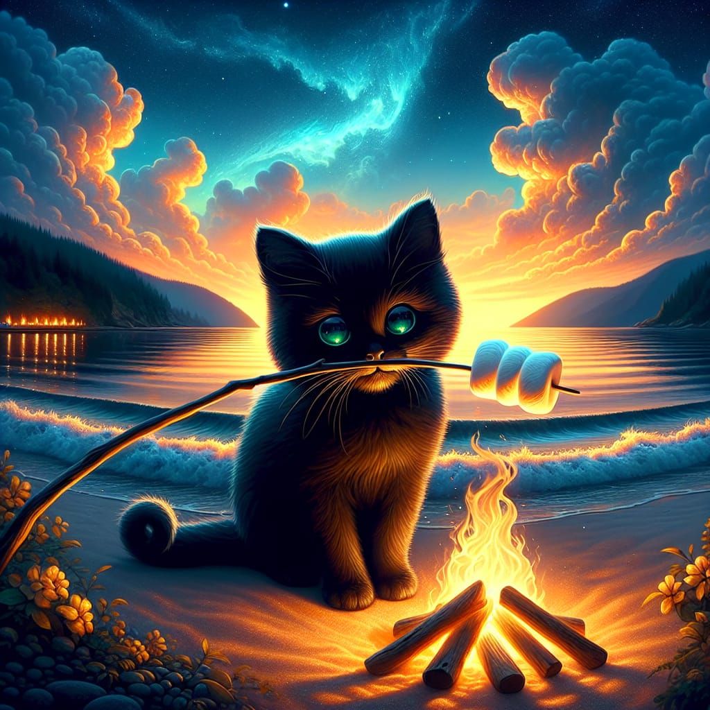 Whimsical Cat Roasting Marshmallow at Sunset