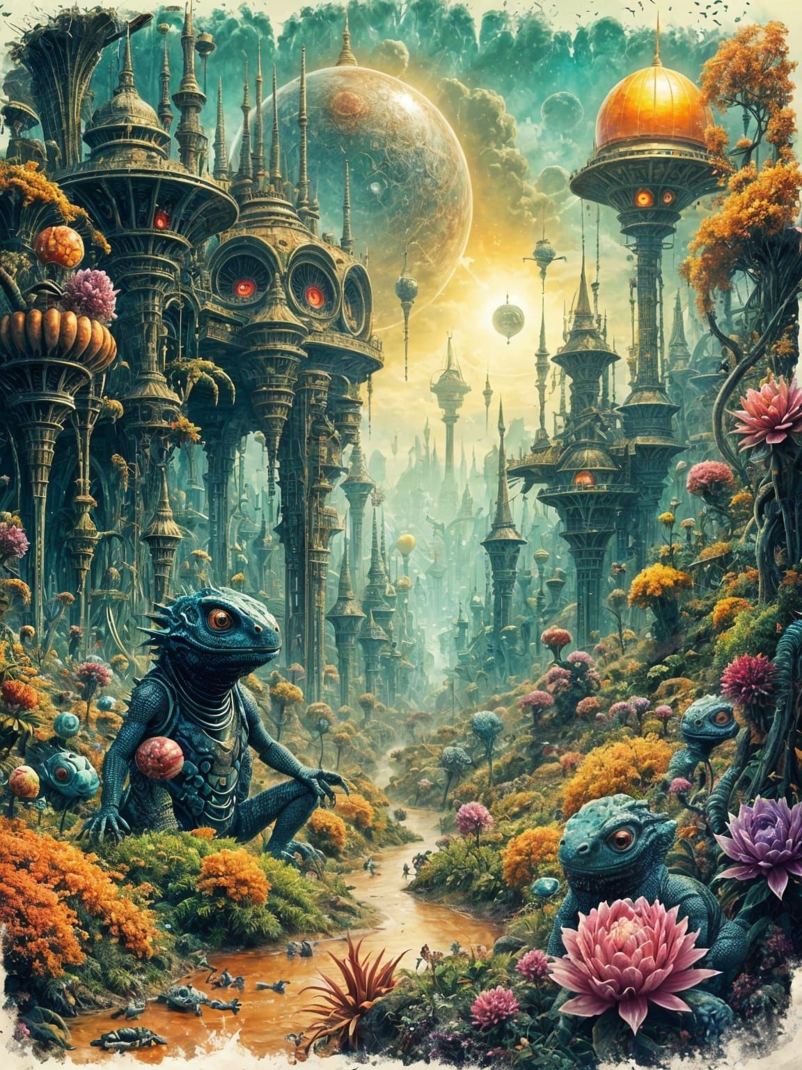 Lizard People in Nanobot Sci-Fi Ink-Wash Art