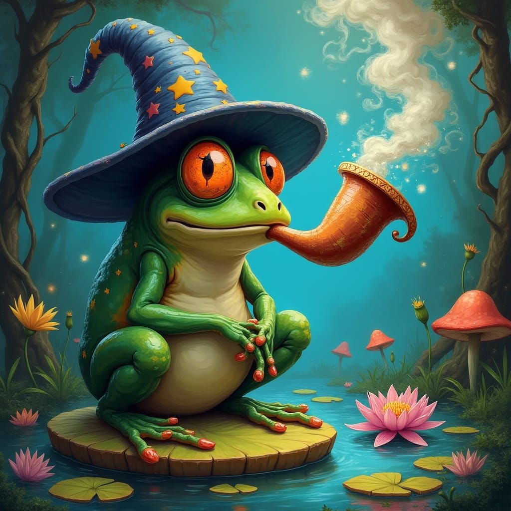 Whimsical Frog in Wizard Hat Smokes Pipe in Dreamlike Landsc...