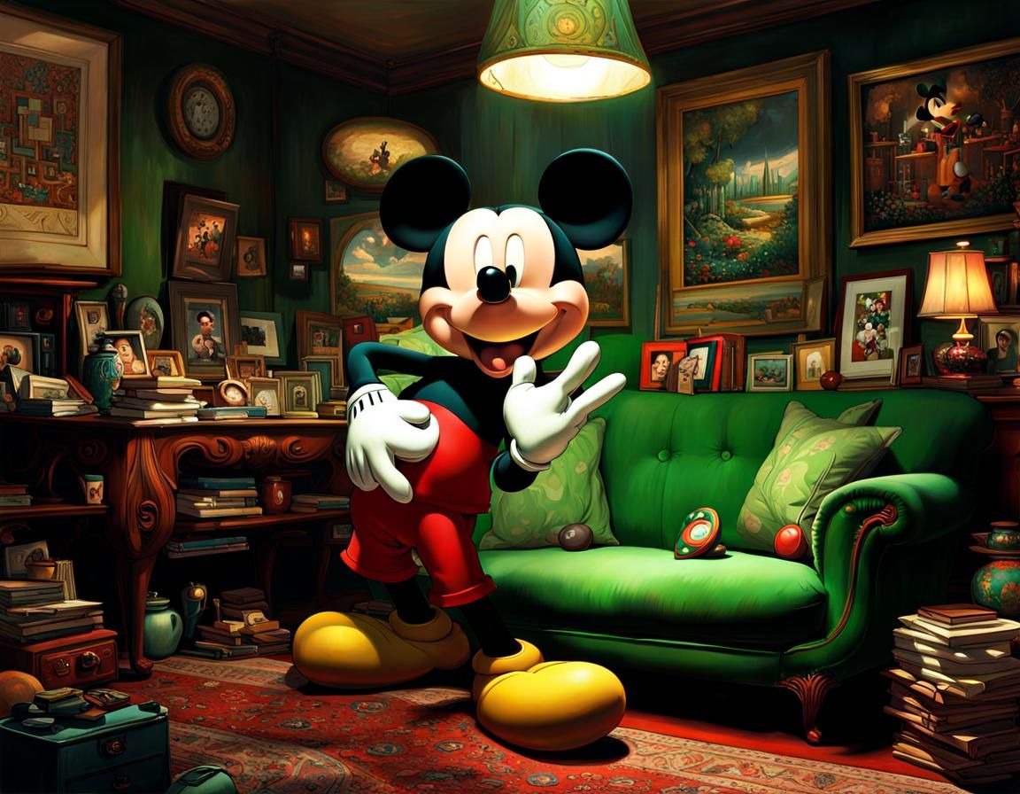 Mickey Mouse Playing Air Guitar Alone in His Apartment