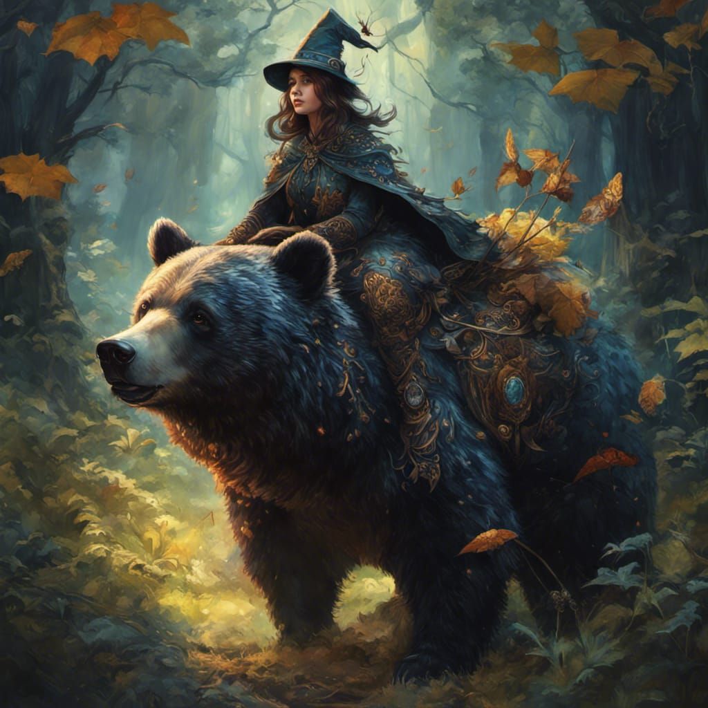 Enchanting Witch Rides Armored Black Bear in Digital Art
