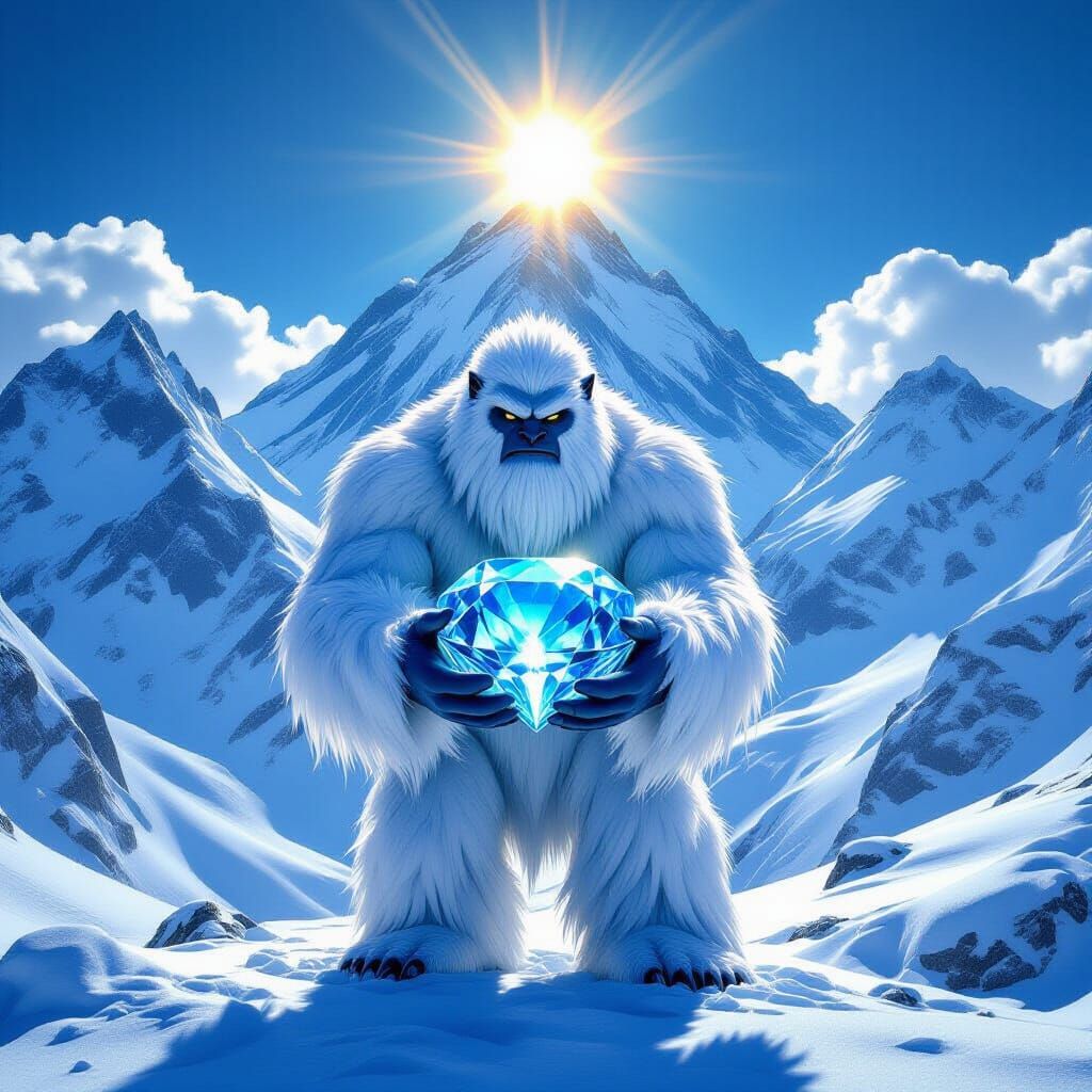 Yeti Holds Giant Topaz in Snowy Mountains
