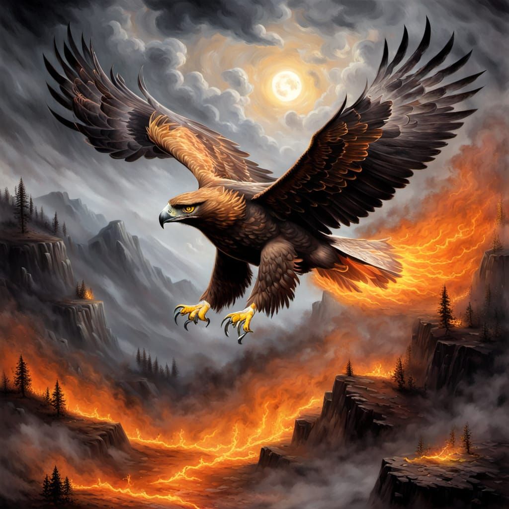 Majestic Fiery Eagle in Dark Fantasy Landscape