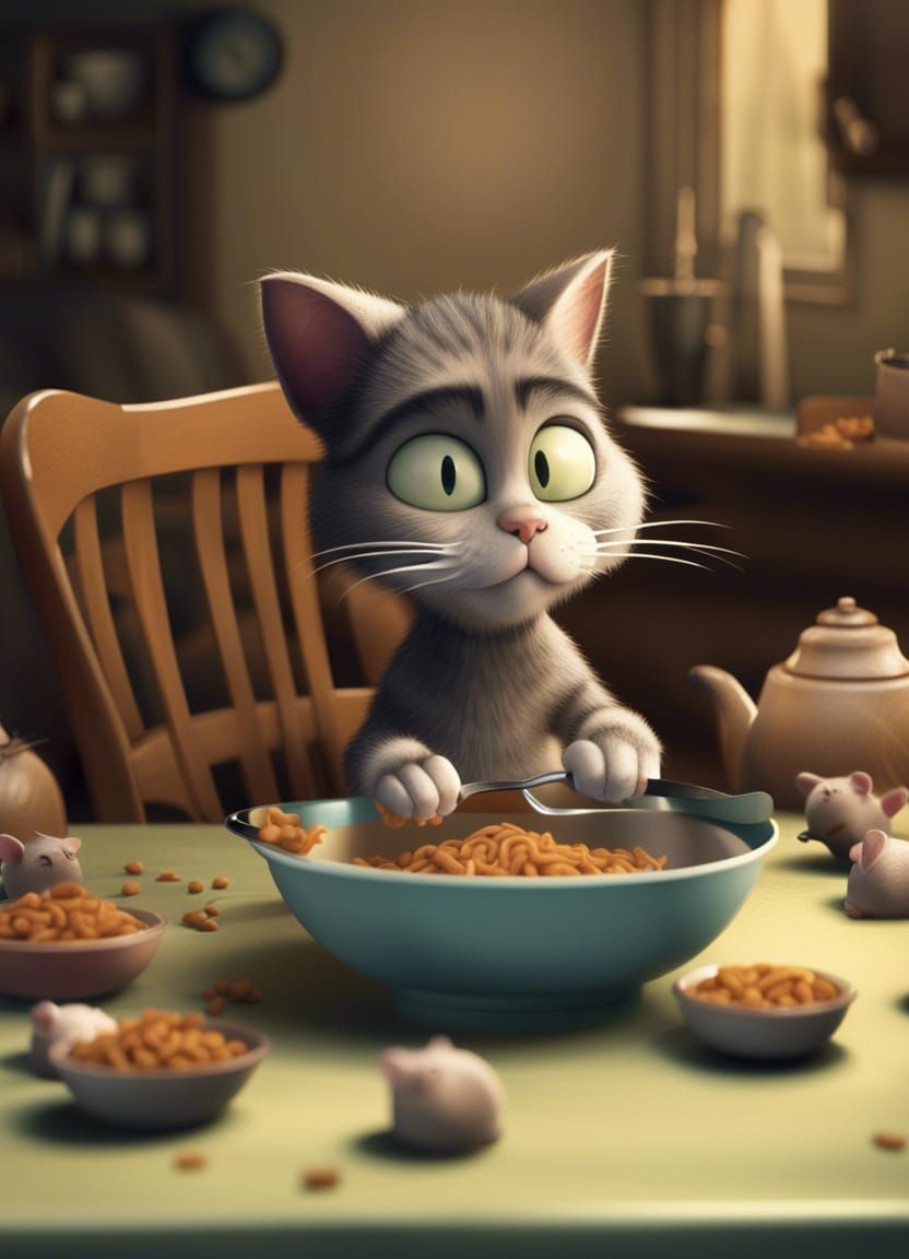 Cartoon Cat's Unusual Breakfast: Mice Bowl