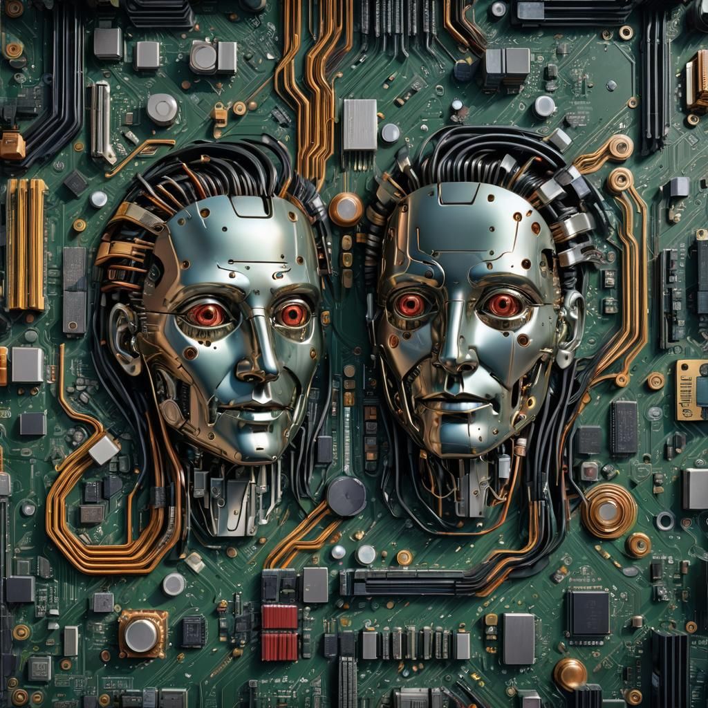 Astonished Faces Emerge from Computer Motherboard