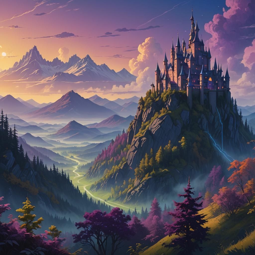Mystical Castle in Mountain Range Fantasy Art