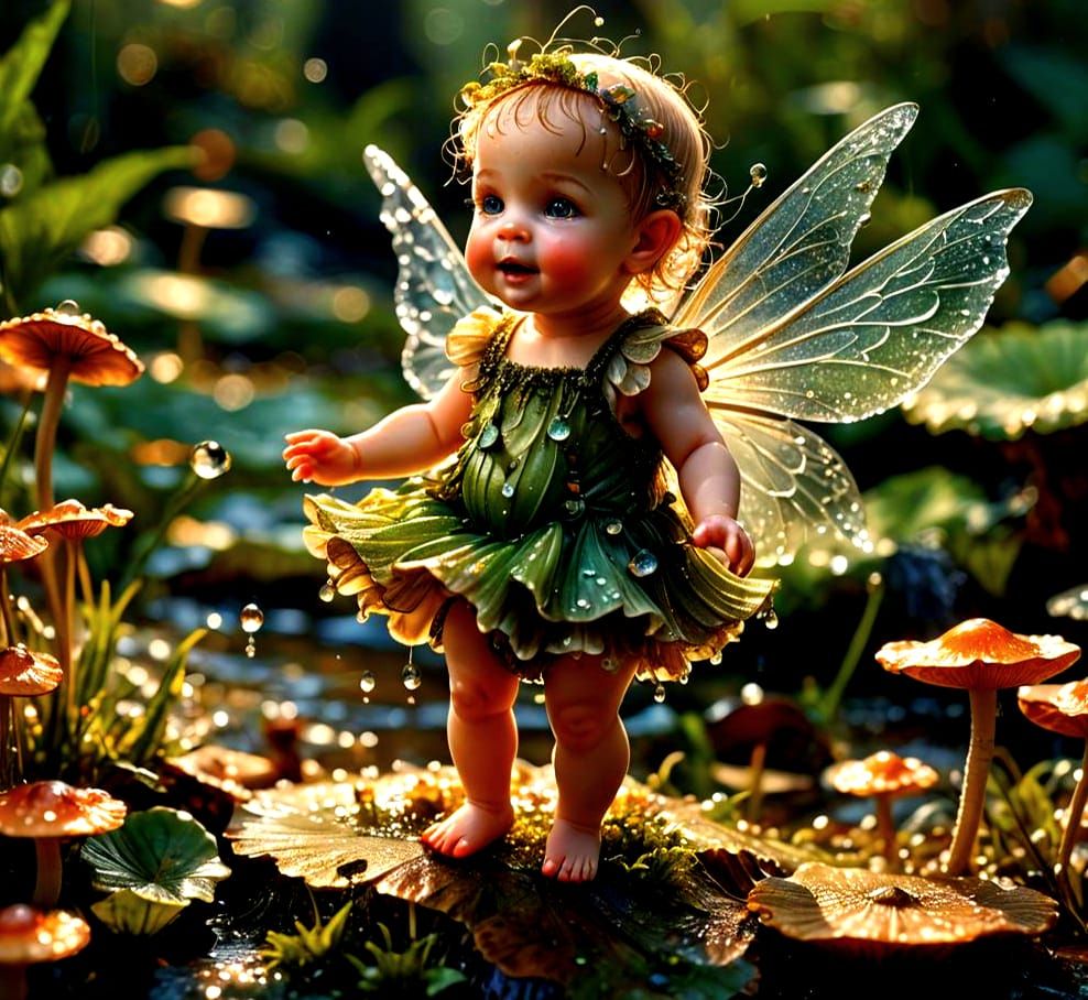 Macro Photo of Tiny Fairy Dancing on Mushroom