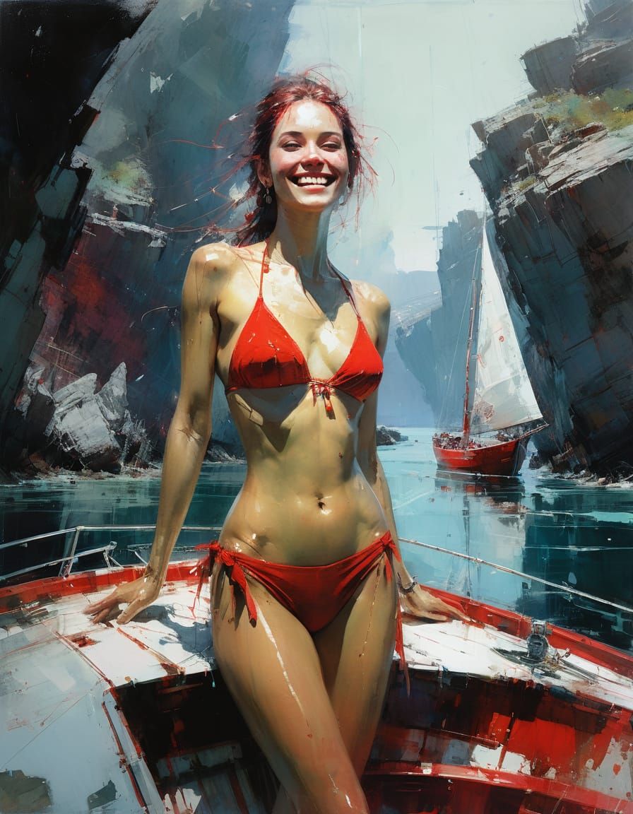 Woman in Red Bikini on Boat by Bioluminescent Coast