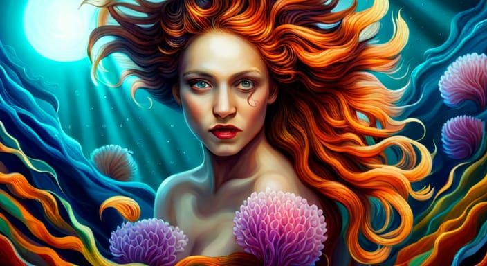 Underwater Mermaid Goddess with Anemones, Digital Matte Pain...