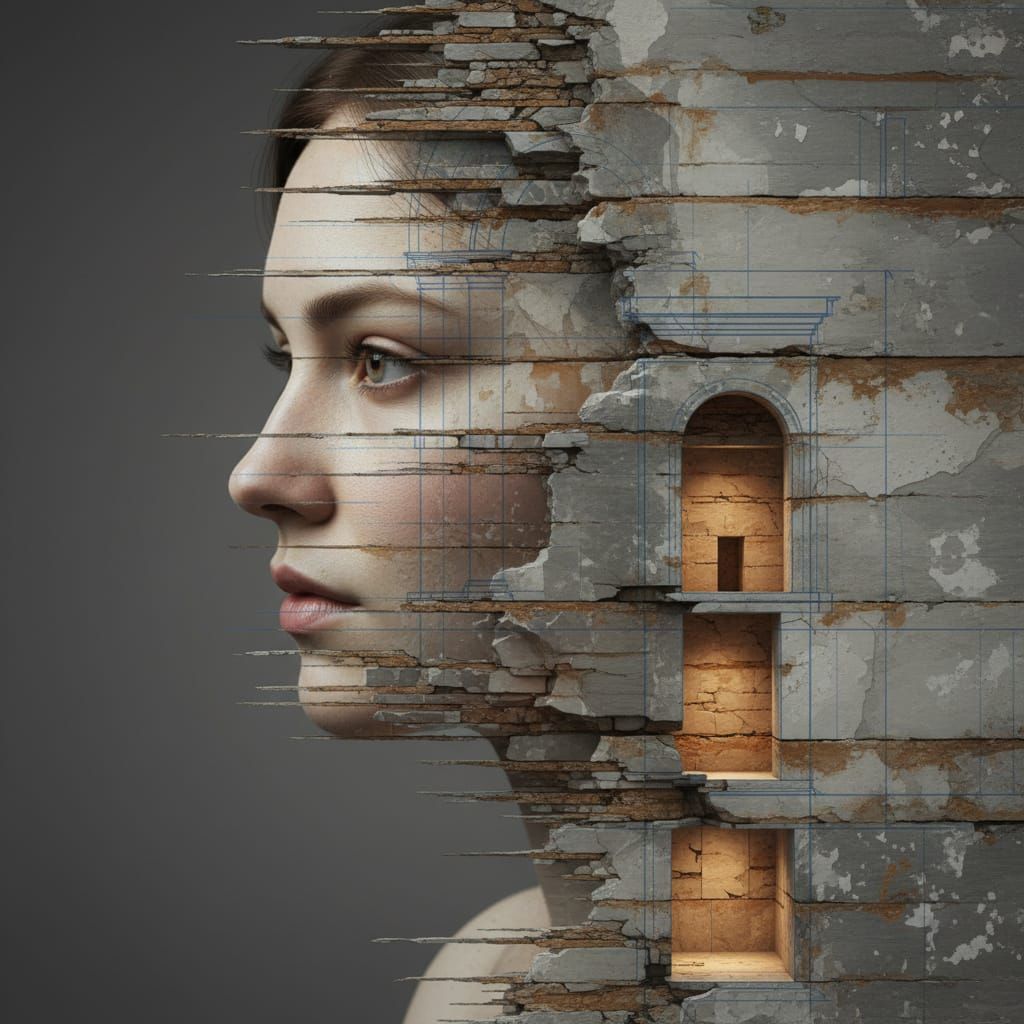 Woman's Profile Merged With Ancient Architectural Wall