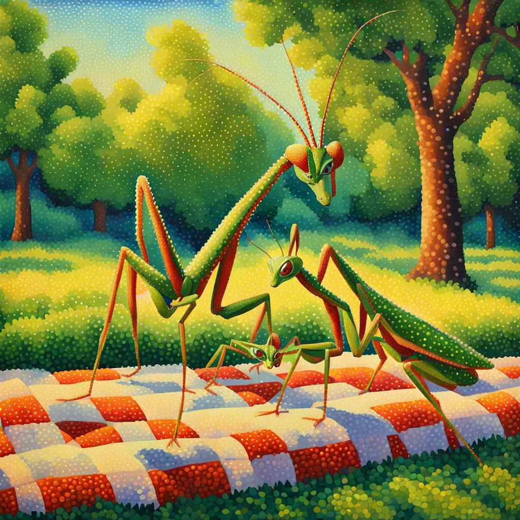 Praying Mantis Family Picnic in Pointillist Style