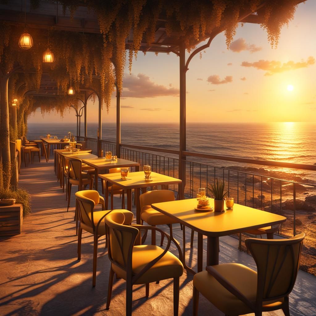 Yellow Sunset Over Sea with Cosy Cafe: 8K