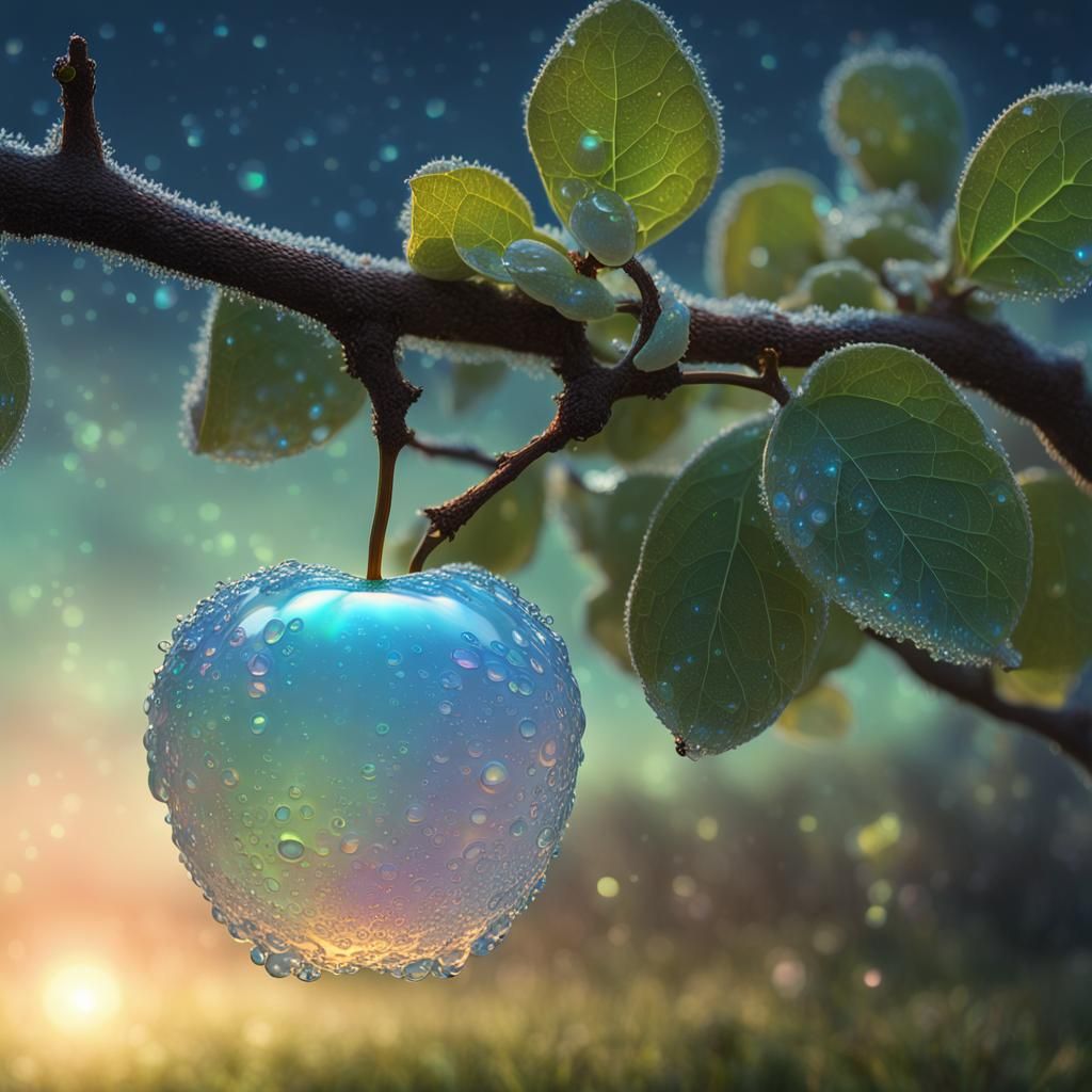 Opal Apple with Dewdrops in Morning Light