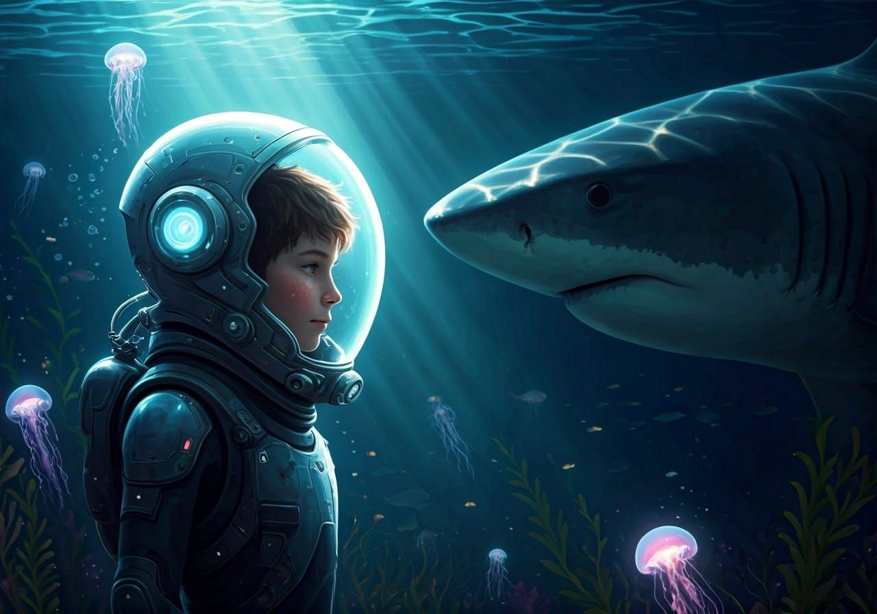 Underwater Encounter: Boy and Shark in Future