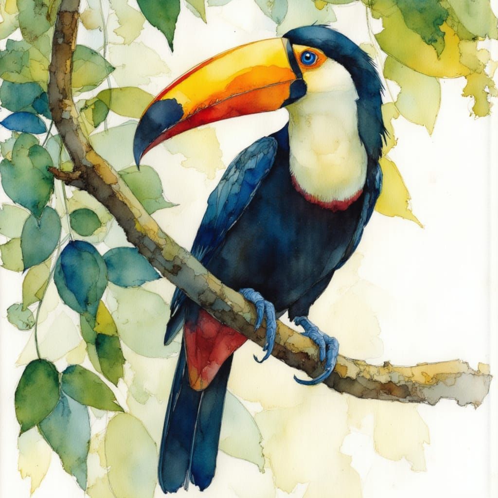 Toucan Perched in Rainforest, Watercolor and Pencil Style