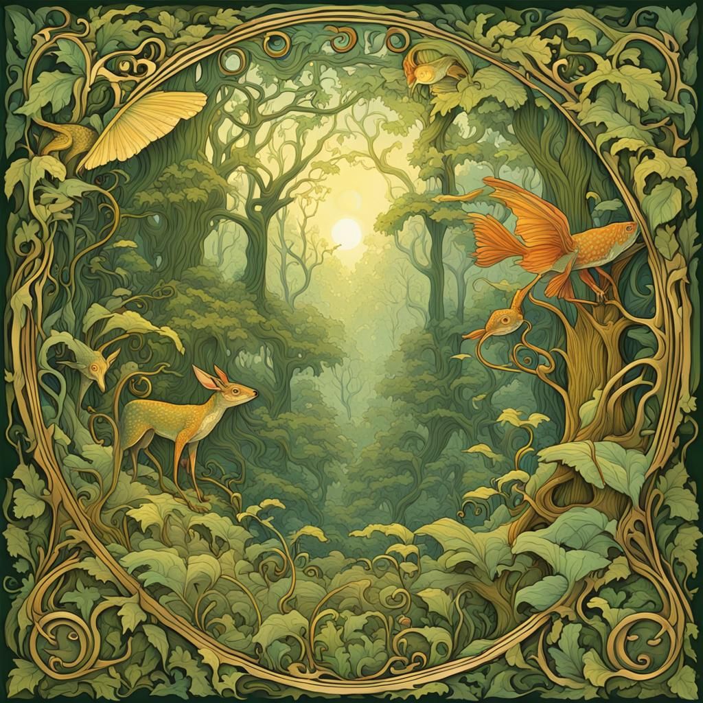 Whimsical Forest Creatures in Art Nouveau Style
