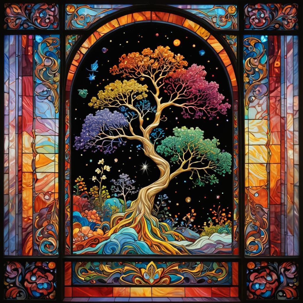Bejeweled Stained Glass Window with Rainbows and Fractal Art