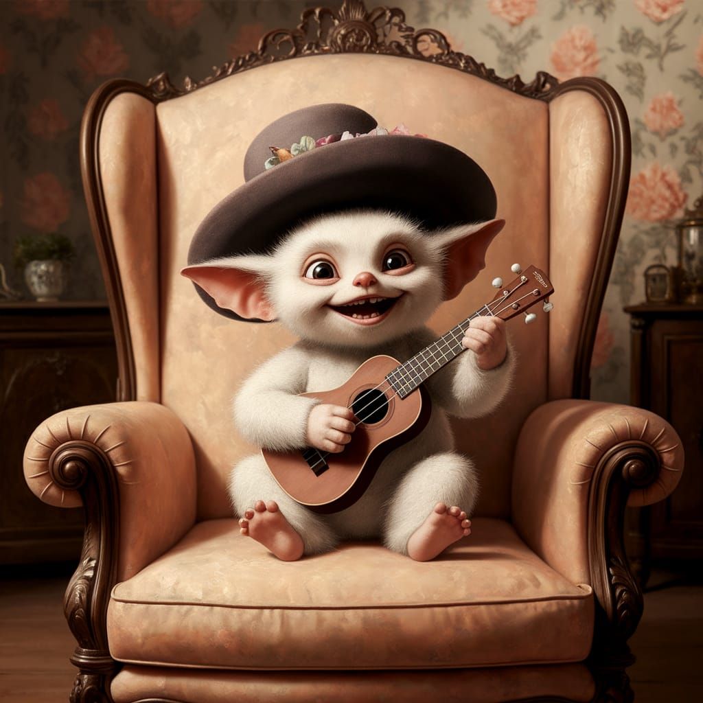 Whimsical Gremlin Plays Ukulele in Cozy Vintage Room
