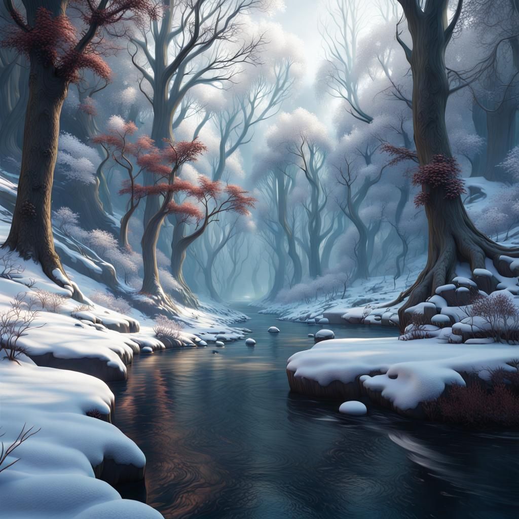 Mysterious Winter Forest with Snow and River