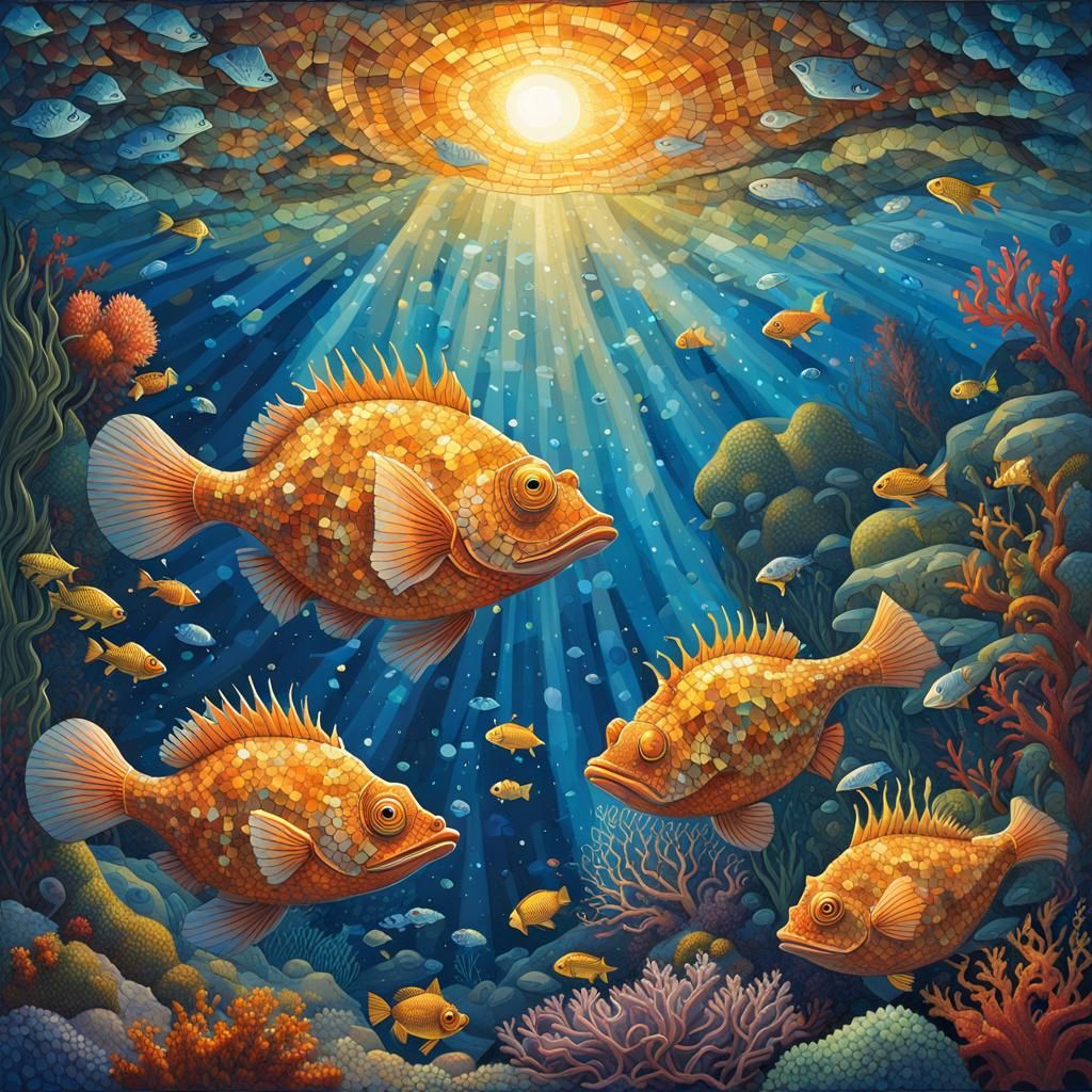 Mosaic Underwater Scene with Anglerfish in Byzantine Style