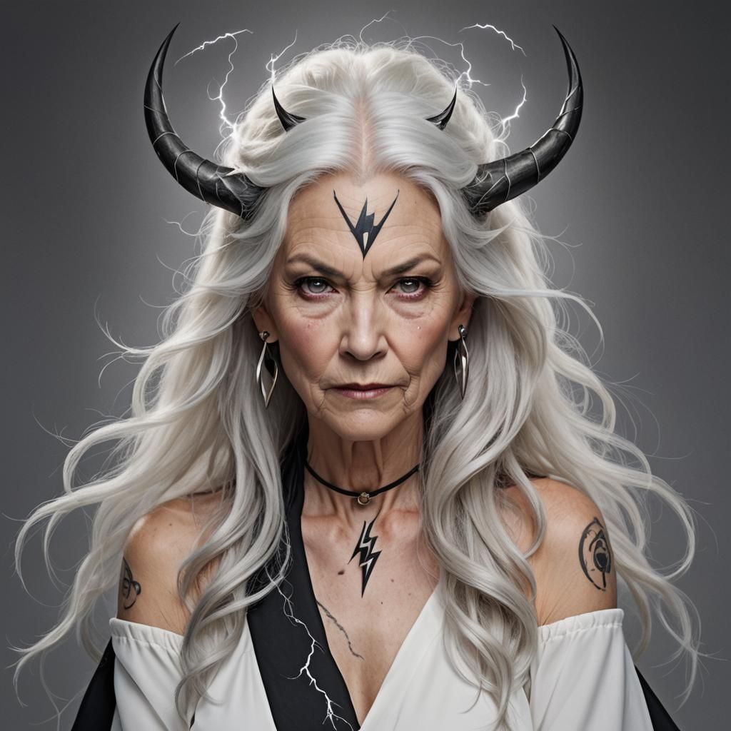 Older Woman with Lightning Tattoo and Horns