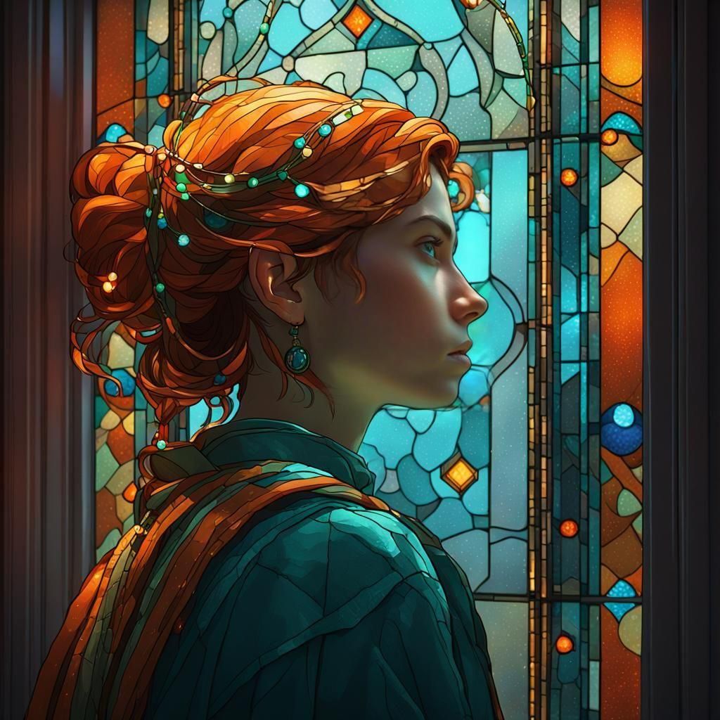 Melancholy Figure Glimpsed Through Stained Glass