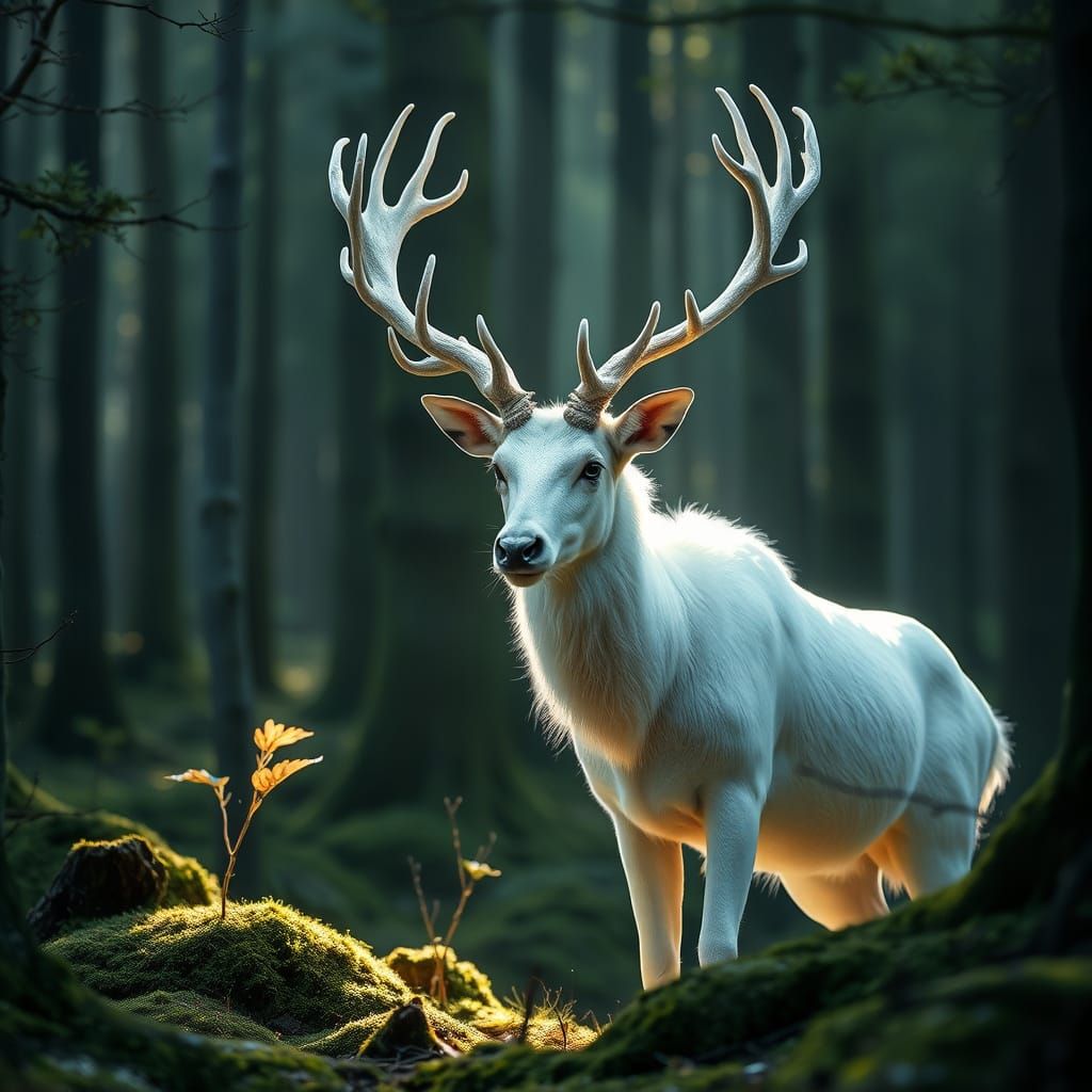 Majestic White Stag in Hyperrealistic Forest