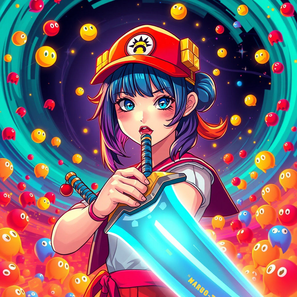 Anime Heroine in Retro Arcade Pixel Vortex