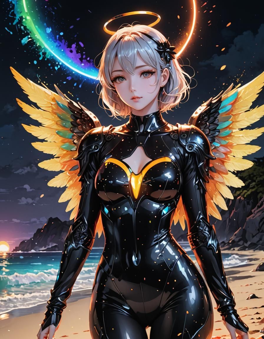 Black and White Beach with Holographic Angel