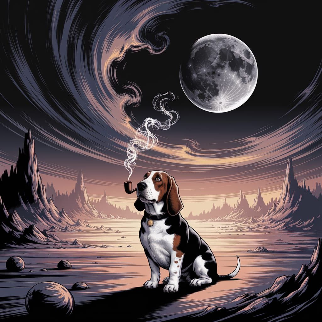 Basset Hound Detective on Alien Planet in Shadow and Stardus...