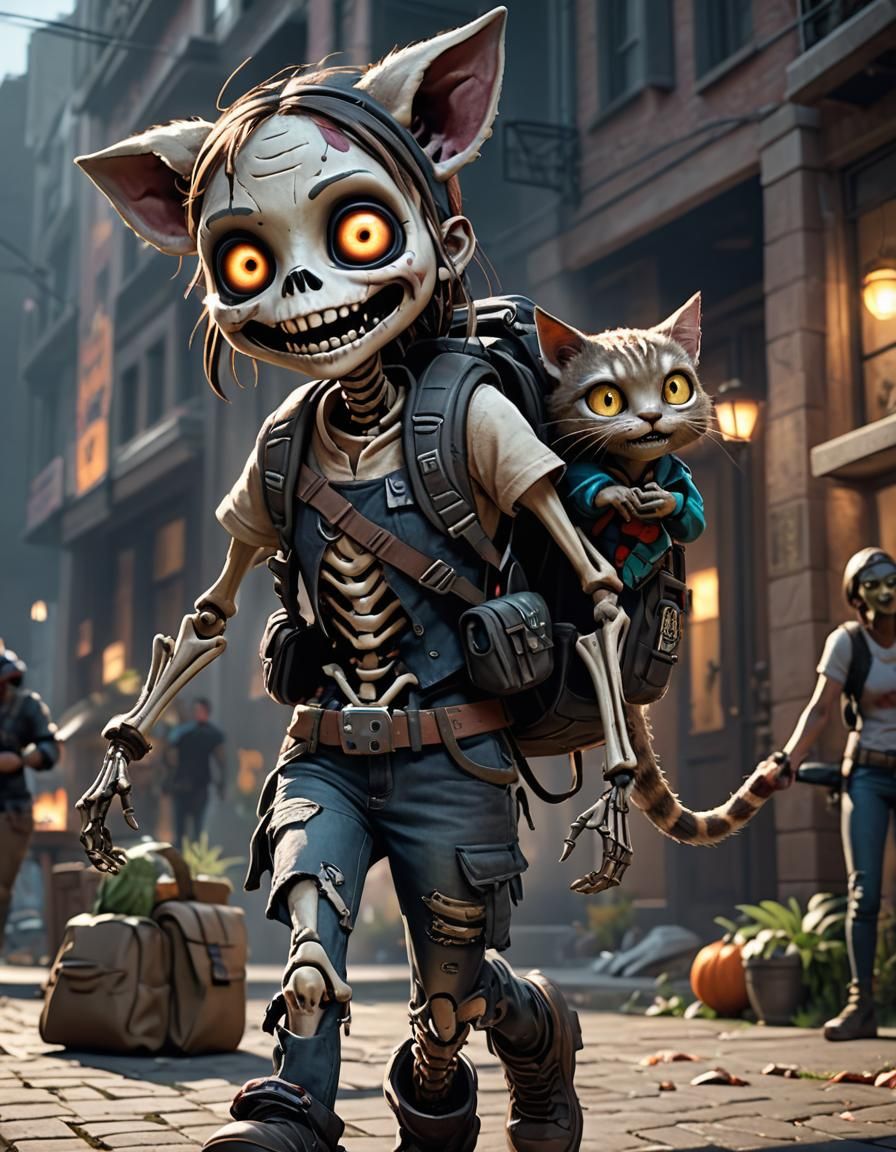Smiling Skeleton Girl with Zombie Cat Companion