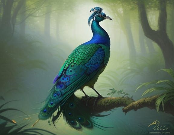 Iridescent Peacock amidst Soft, Blurred Background, in Dream...