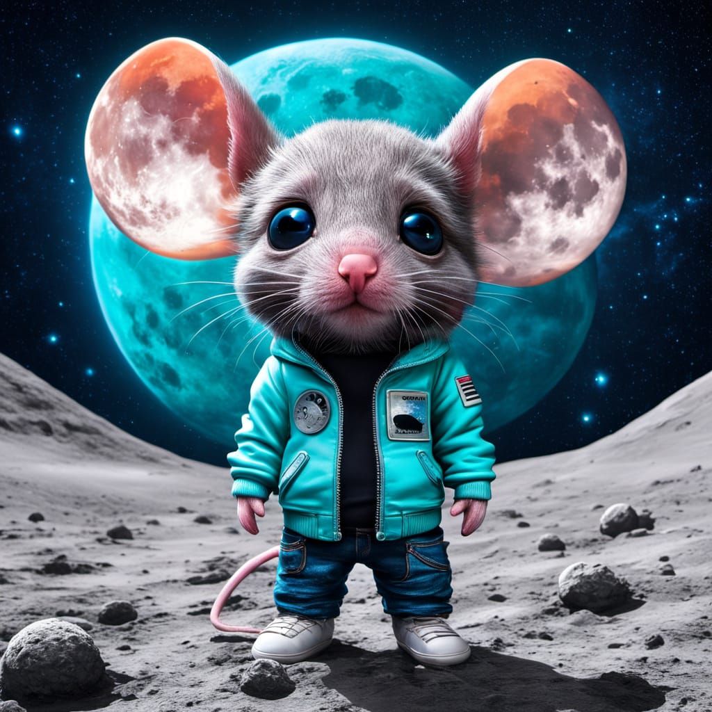 Hyperrealistic Neon Chibi Mouse on the Moon