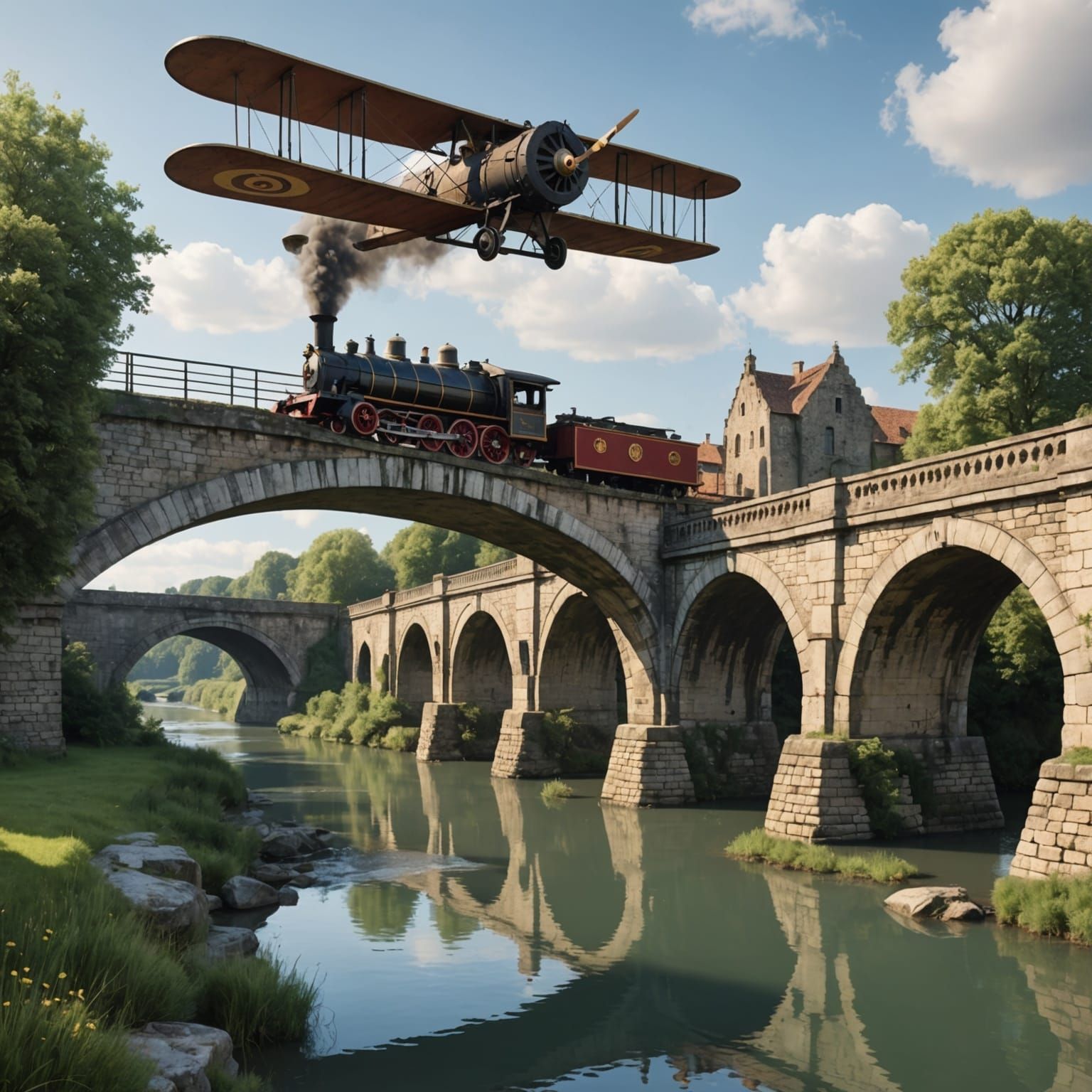 Vintage Train on Roman Bridge in Storybook Style