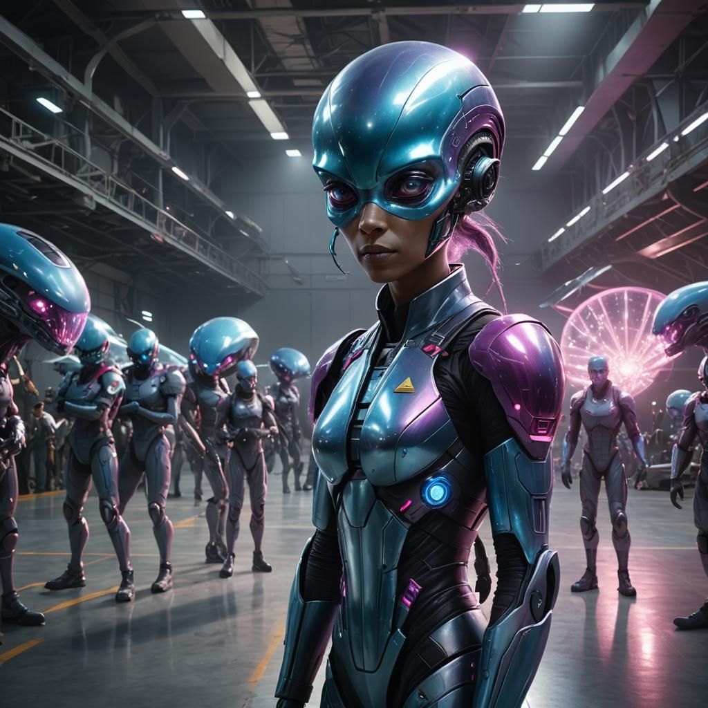 Hyperrealistic Sci-Fi Art: Radiant Alien in Hangar