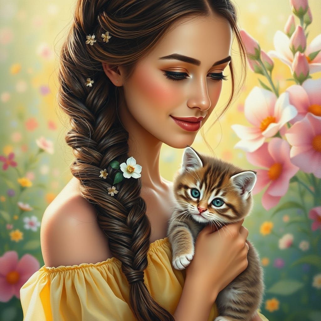 Lush Summer Goddess with Kitten in Vibrant Floral Paradise