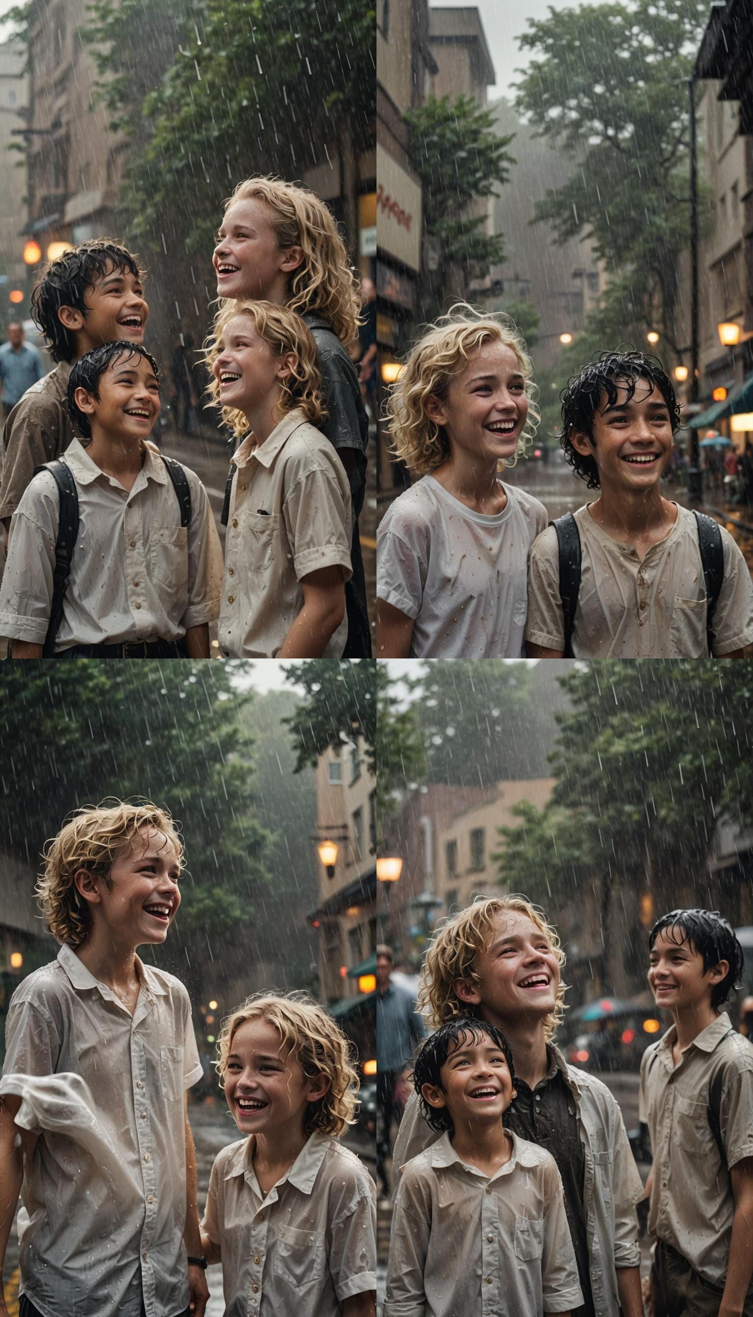 Boy and Girl Laughing in the Rain: Cinematic Film Still