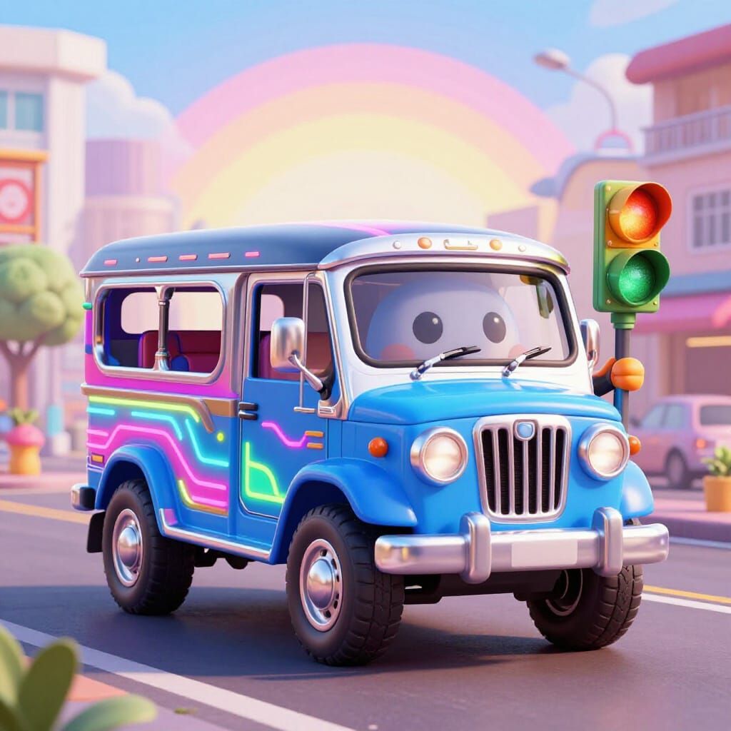 Adorable Jeepney Sprite with Neon Patterns and Stoplight Sta...