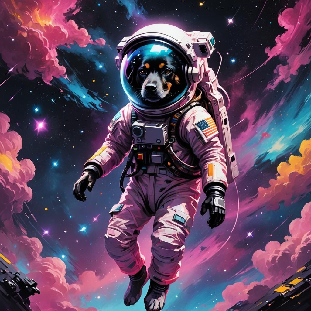 Lone Dog Astronaut Floats Among Stars